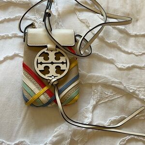 Tory Burch Cream Leather Crossbody with Multicolor Stripe Accents